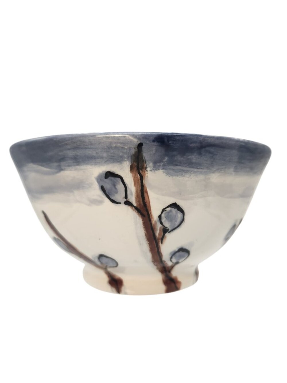 Handpainted Signed Bowl Pussywillows ? Made in Italy Pat K.  5.5" Blue White
